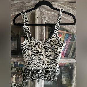 NWT Patrons of Peace Black and Cream Mixed Print Rayon Smocked Crop Tank